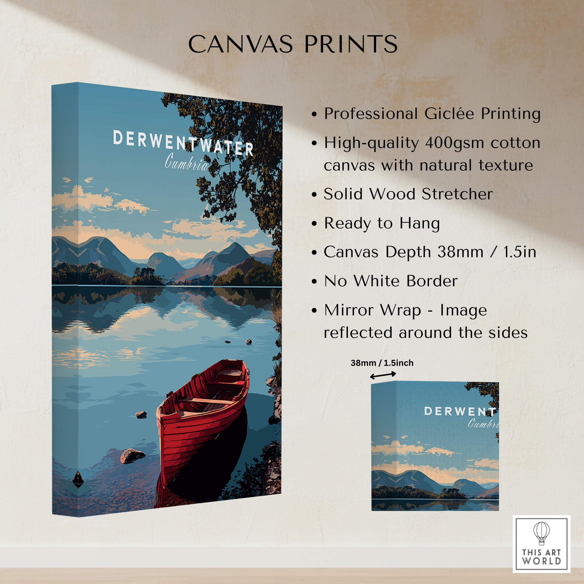 Derwentwater Travel Poster – Lake District Art Print displayed on a canvas with vibrant colors and serene landscape.