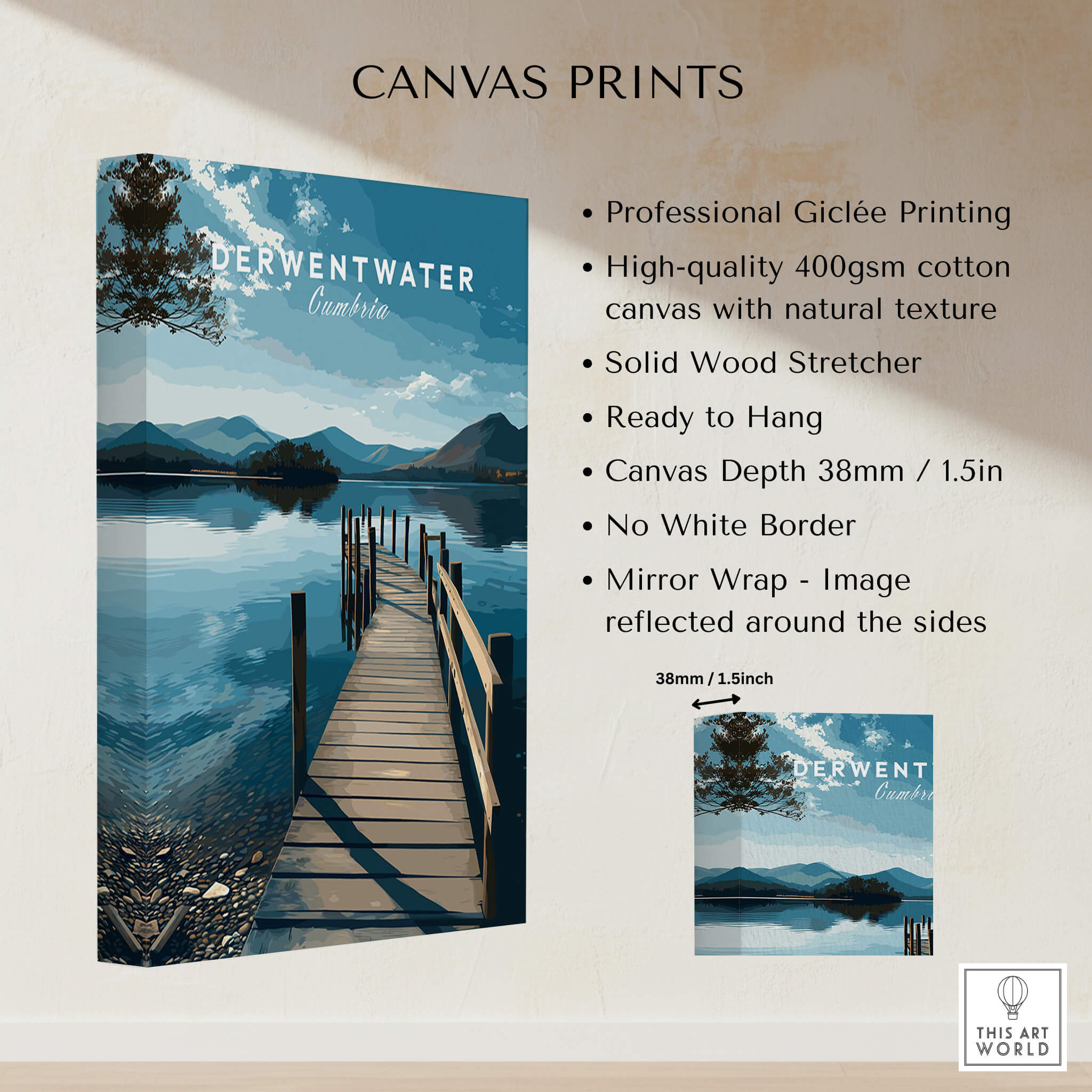 Derwentwater Travel Poster – Lake District Canvas Print showcasing professional giclée printing and natural textures.