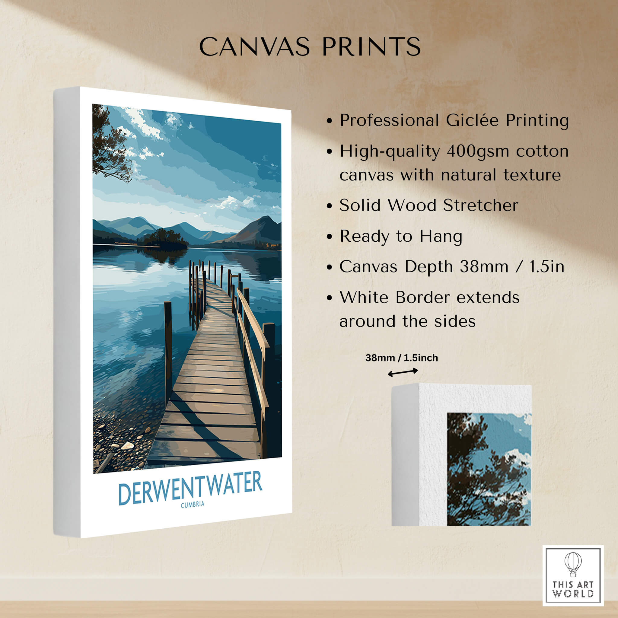 Derwentwater Cumbria Wall Art – Scenic Lake Pier Art Print showcasing Giclée canvas print details.