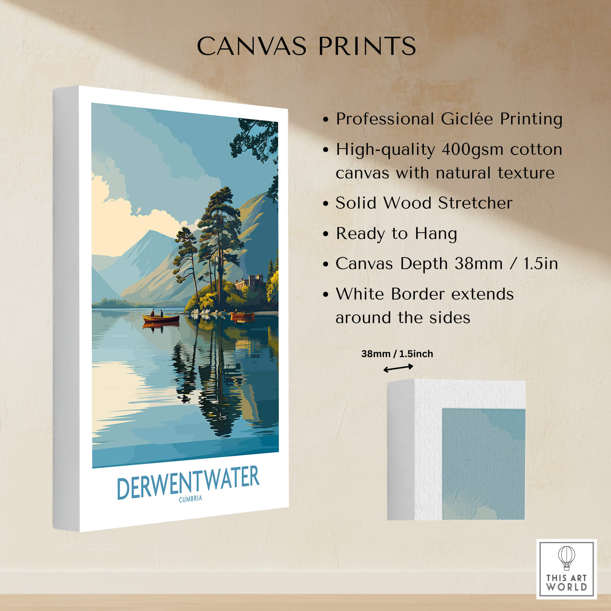 Derwentwater Cumbria Wall Art – Canvas Print showcasing professional Giclée printing and natural texture.