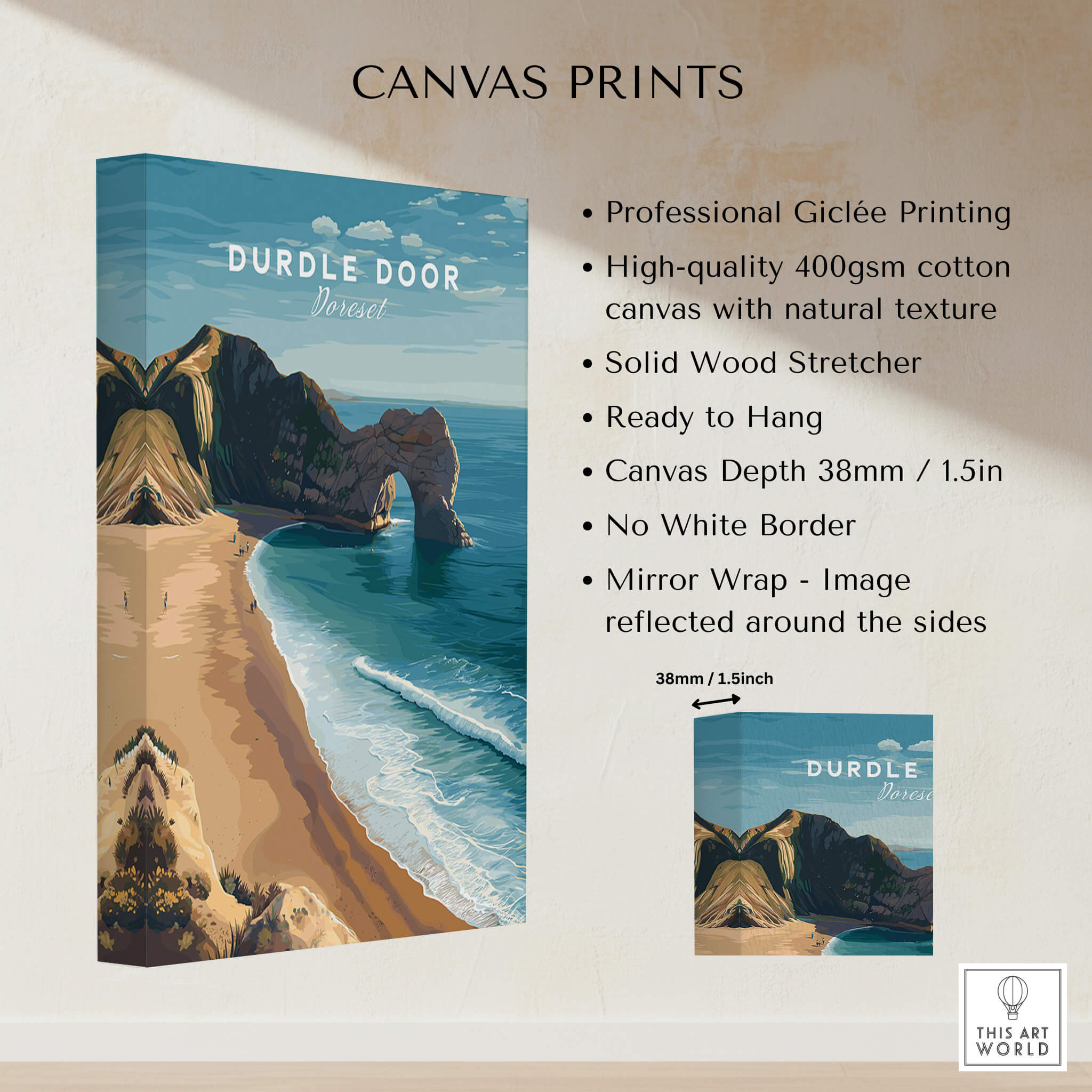 Durdle Door Poster – Jurassic Coast Wall Art displayed as canvas print with dimensions and features.