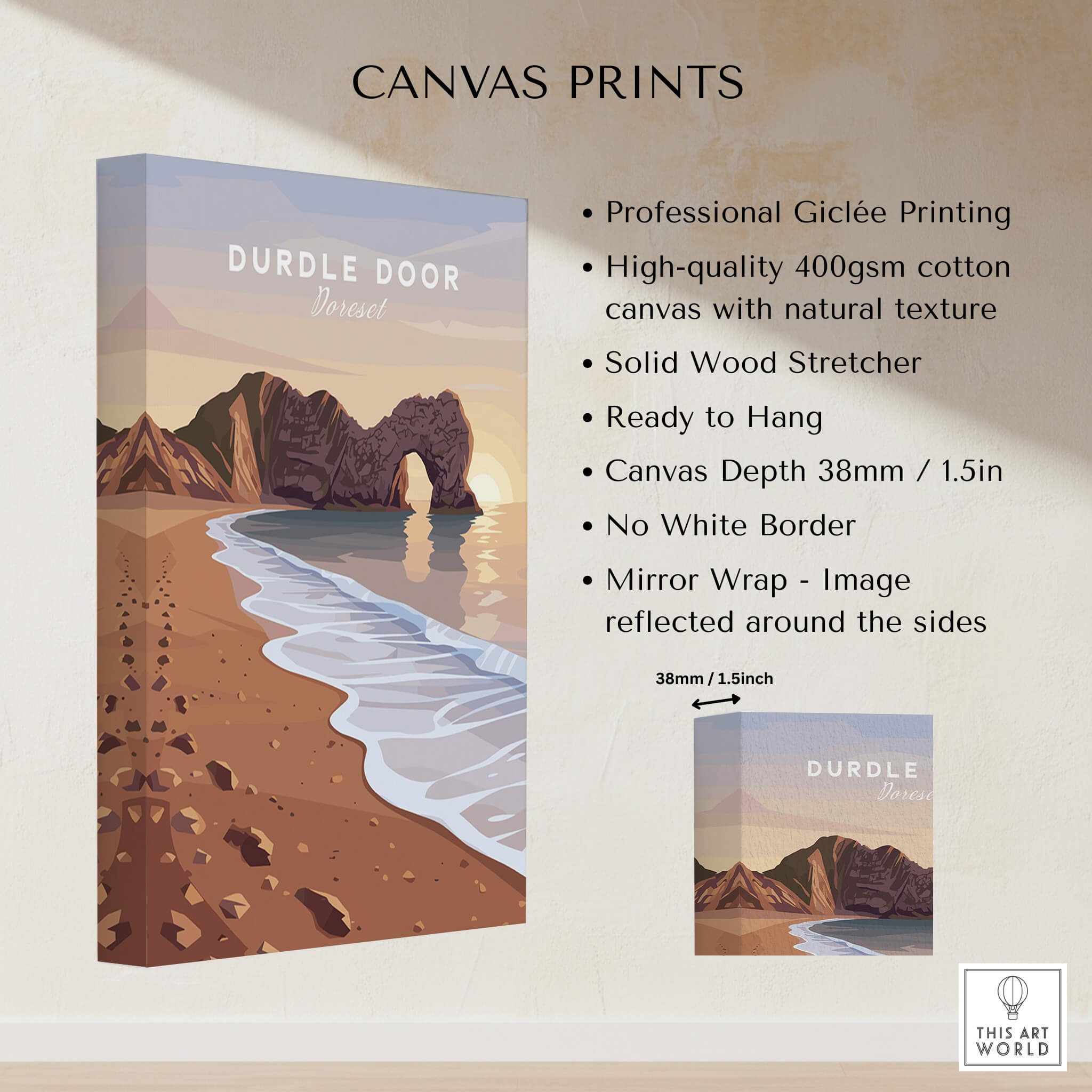 Durdle Door Travel Poster – Jurassic Coast Sunset Art featuring high-quality giclée printing on canvas.