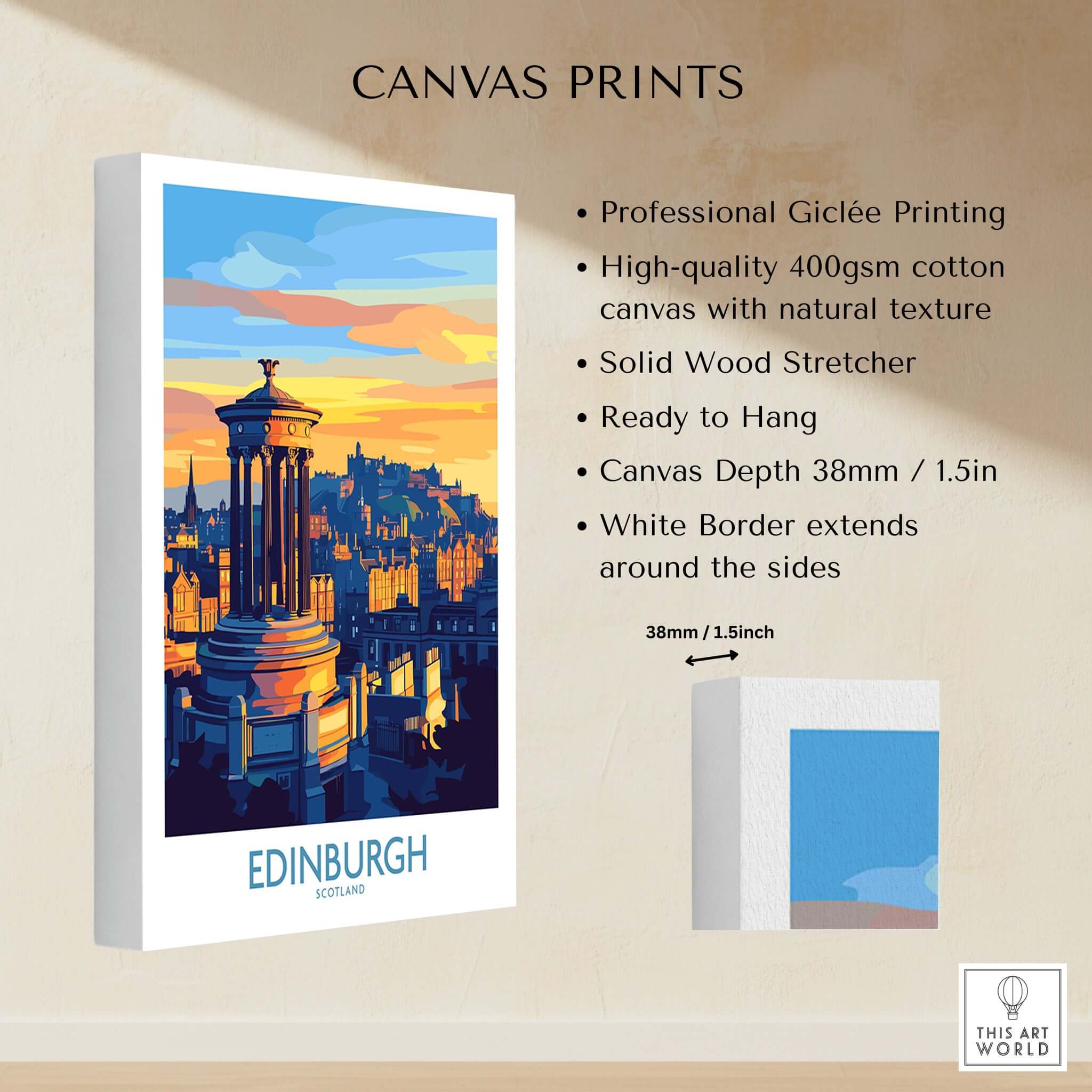 Edinburgh Travel Poster showcasing iconic landmarks in vibrant colors, perfect for home decor.