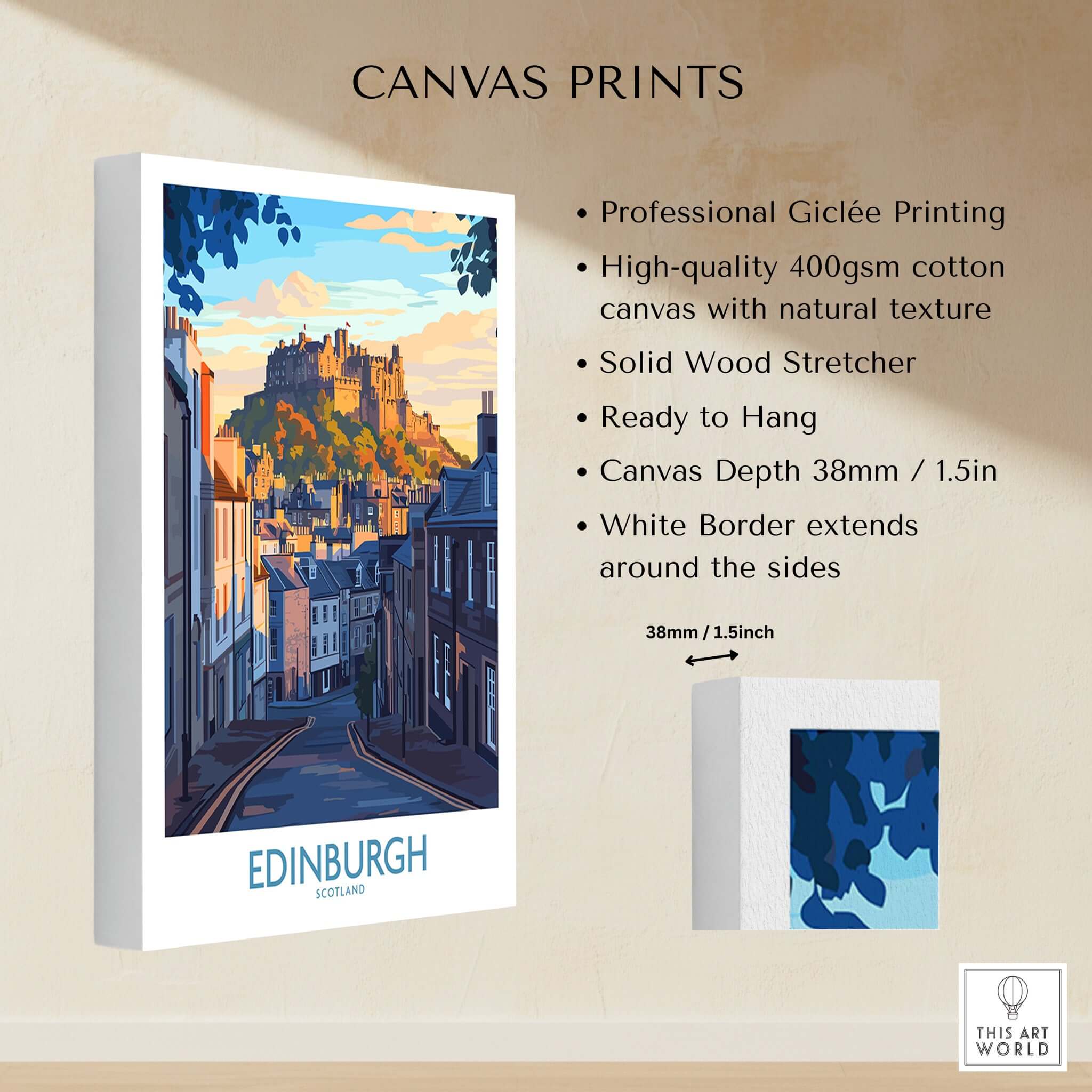 Edinburgh Wall Art Print showcasing Edinburgh castle on high-quality canvas, perfect for wall decoration.