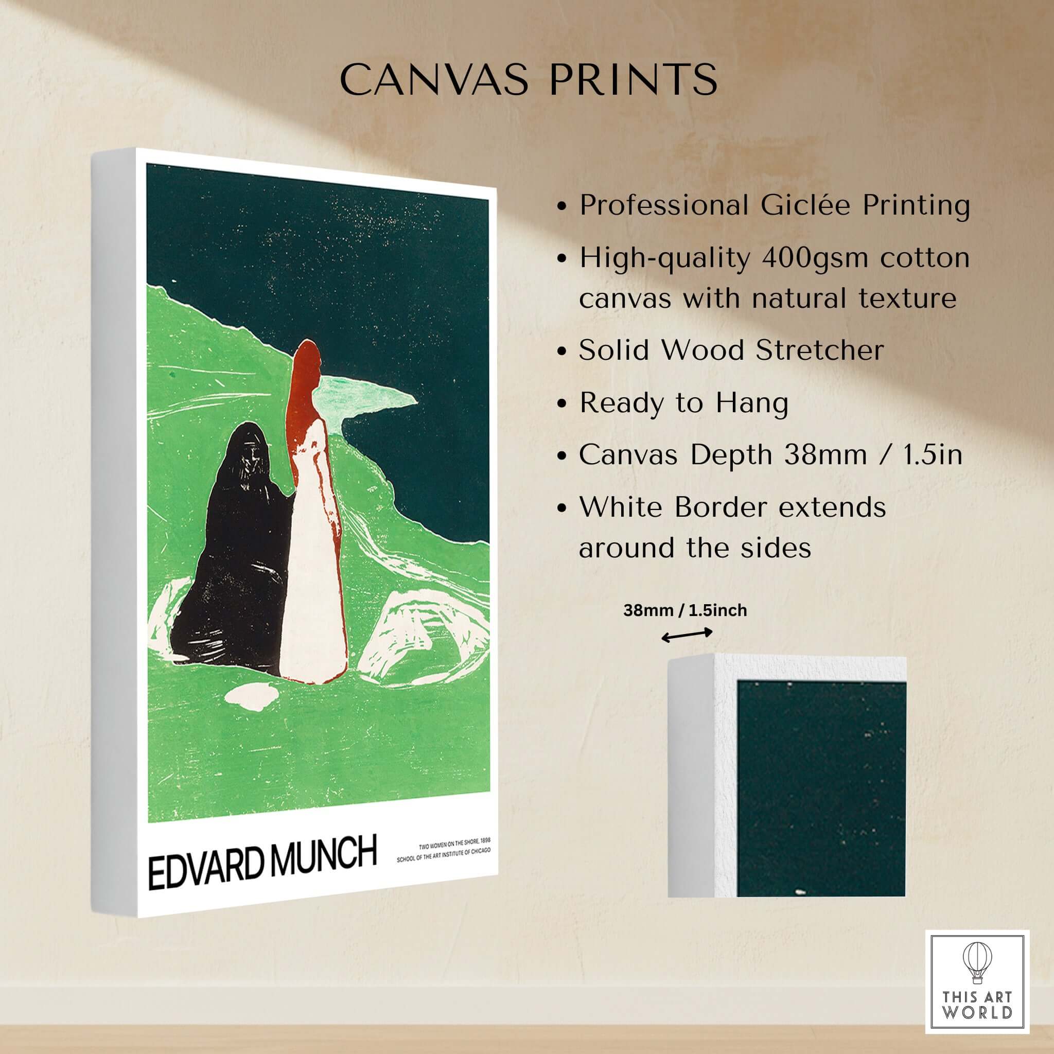 Edvard Munch Art Print - Two Women on the Shore 1898 Woodcut AIC Poster displayed on canvas, featuring vibrant colors and texture.