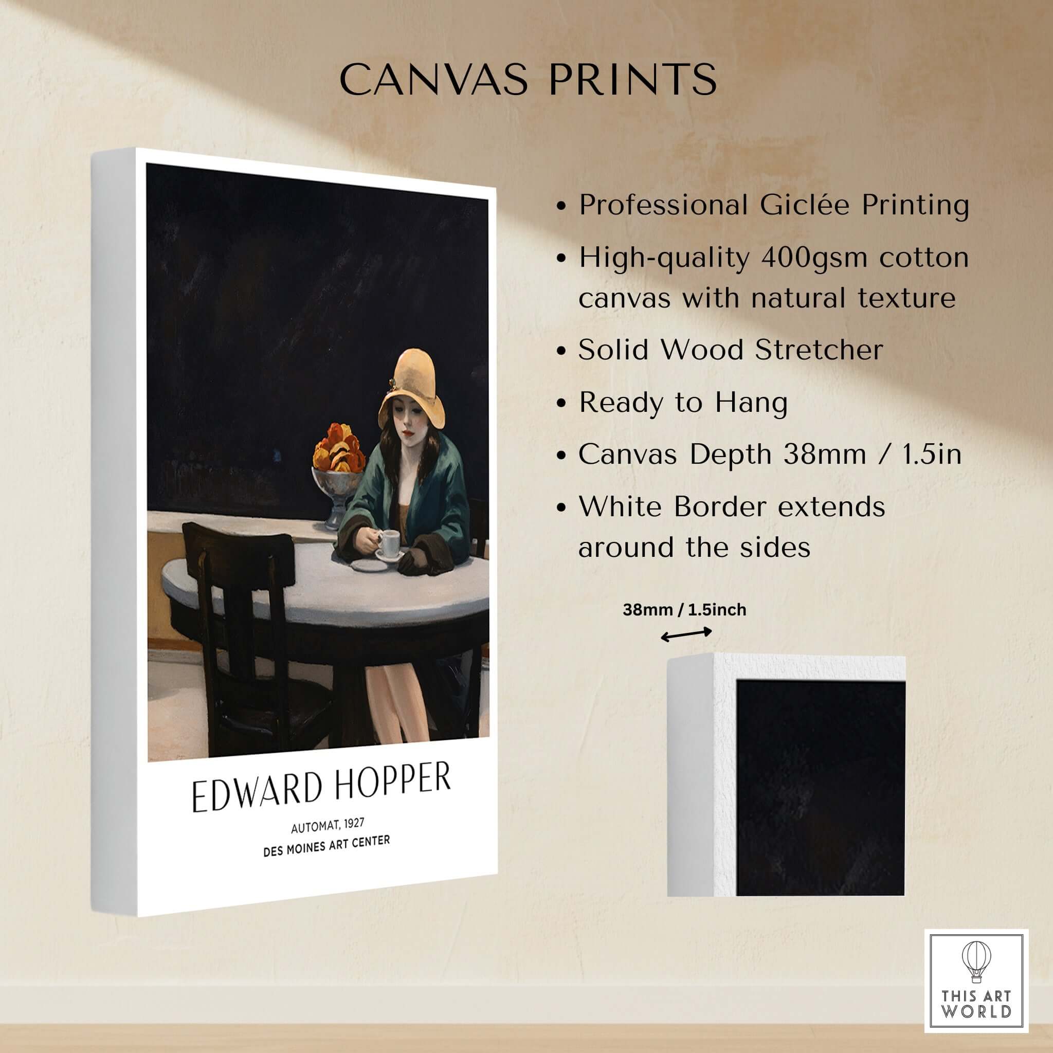 Edward Hopper Automat 1927 Des Moines Art Center Poster Print displayed on canvas with professional giclée printing.