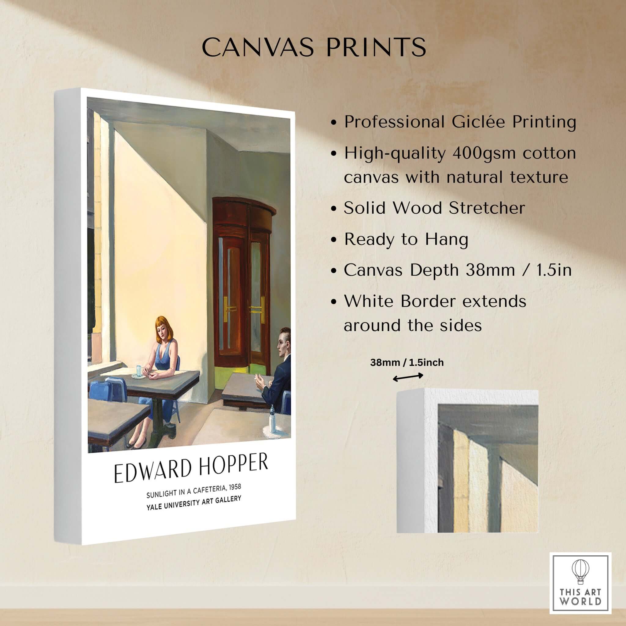 Edward Hopper Sunlight in a Cafeteria 1958 Yale Art Gallery Print showcased on high-quality canvas.