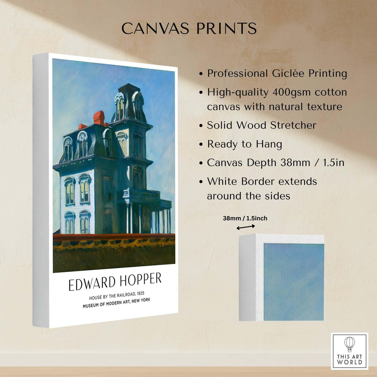 Edward Hopper House by the Railroad 1925 MoMA Art Print Poster displayed on a wall, showcasing fine art details.