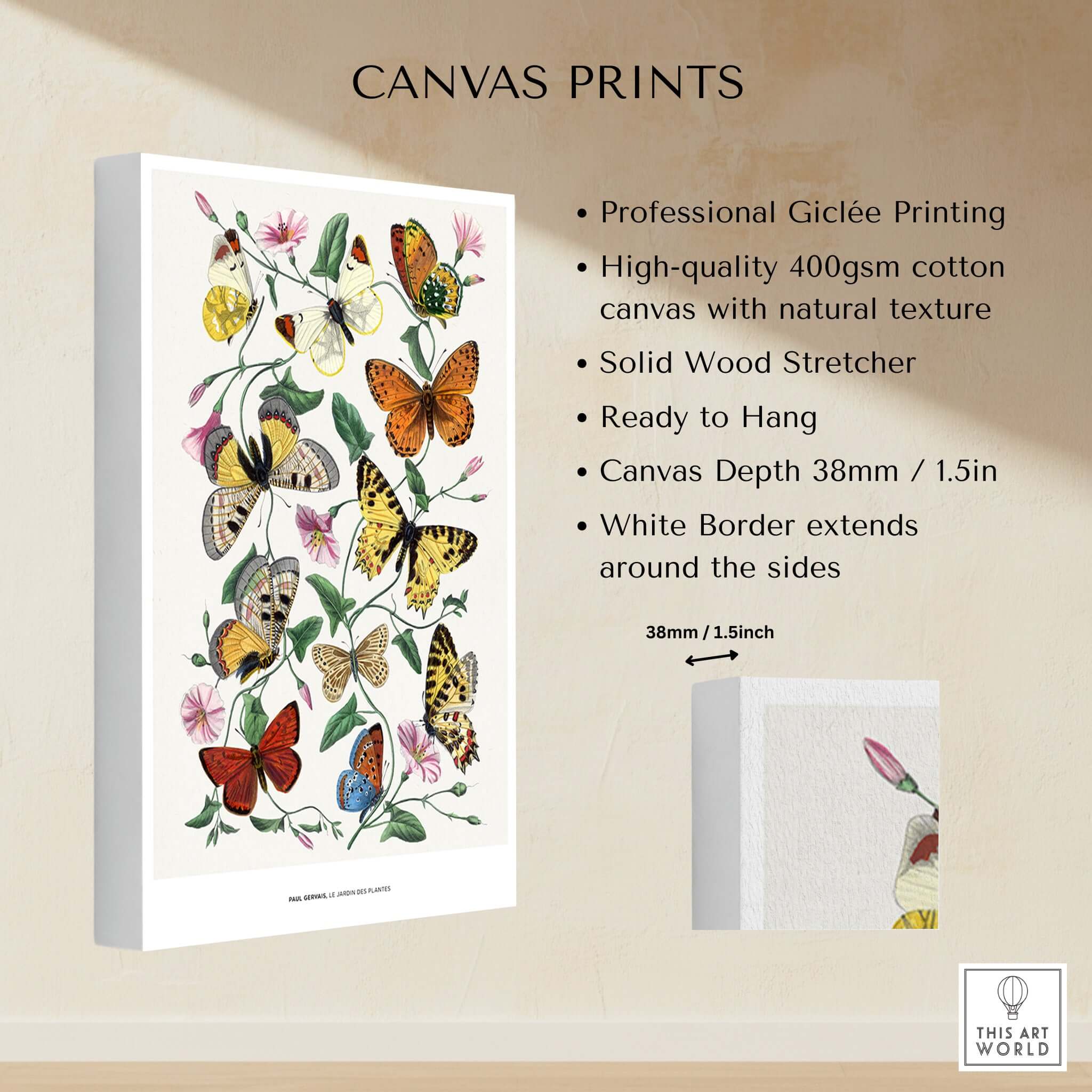 Paul Servais Butterflies Le Jardin des Plantes Vintage Botanical Wall Art on canvas with vibrant butterflies and flowers.