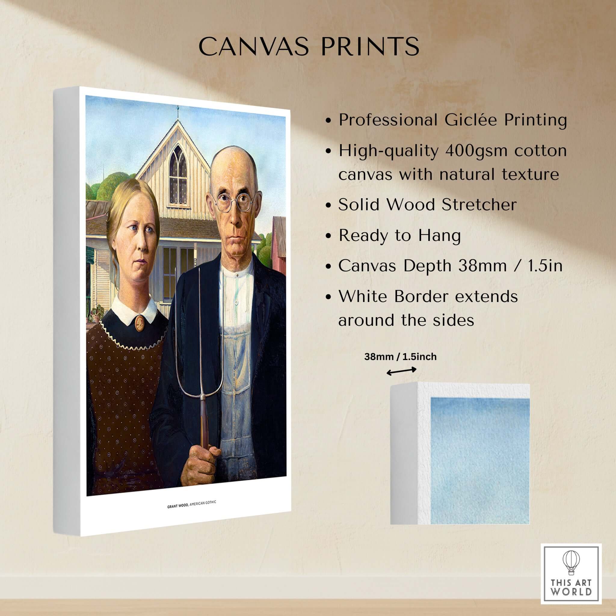 Exhibition Art Print American Gothic Grant Wood Famous Painting Wall Art Poster with description of canvas prints and features.