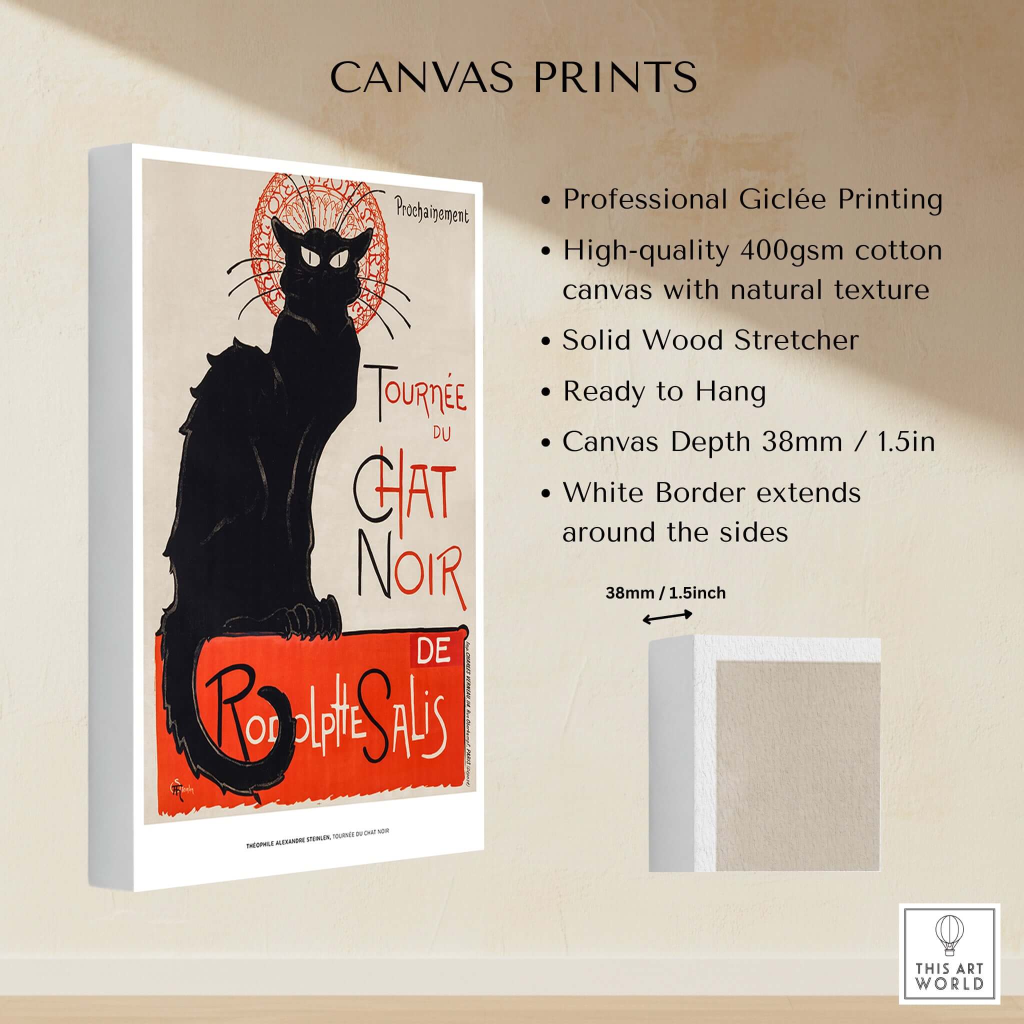 Exhibition Art Print Steinlen Tournée du Chat Noir Vintage French Black Cat Poster on canvas with natural texture.
