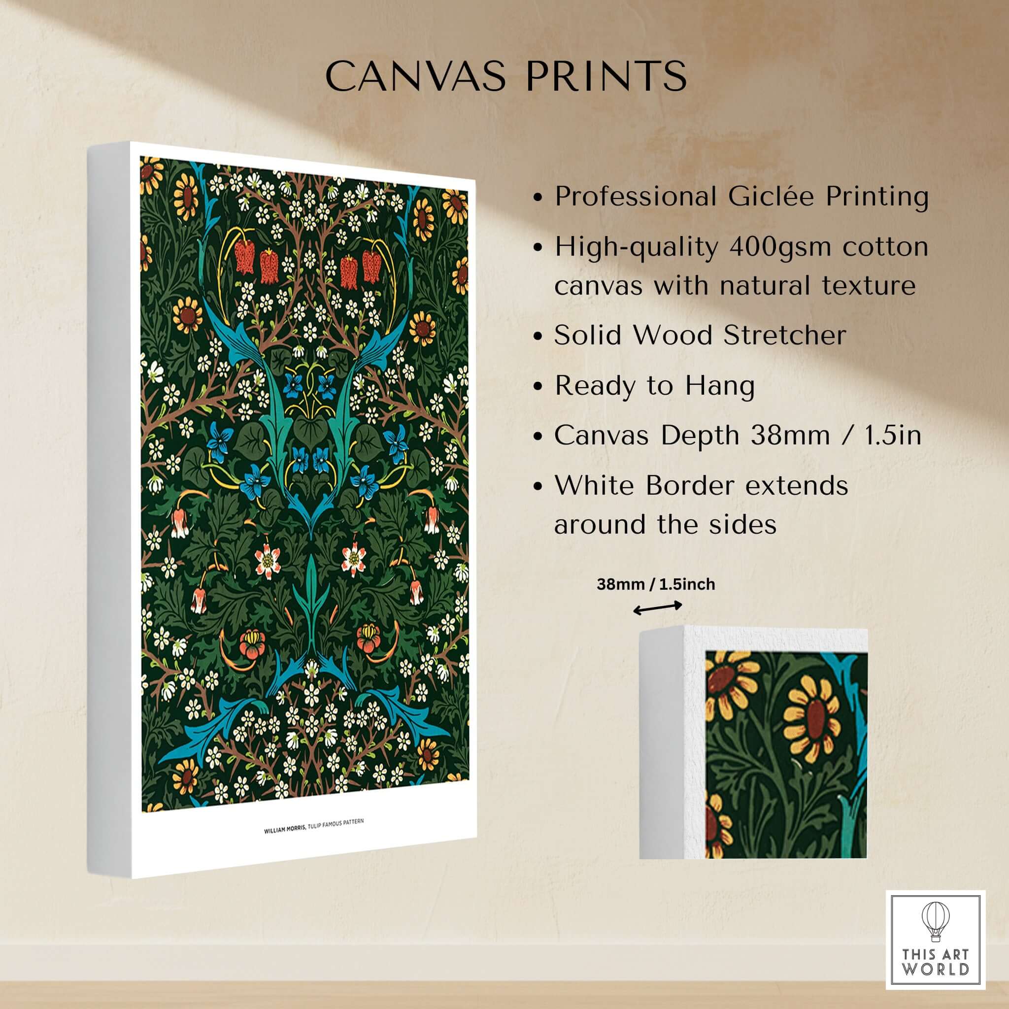 Exhibition Art Print William Morris Tulip Famous Pattern Arts Crafts Floral Poster Wall Art showcasing professional Giclée printing.