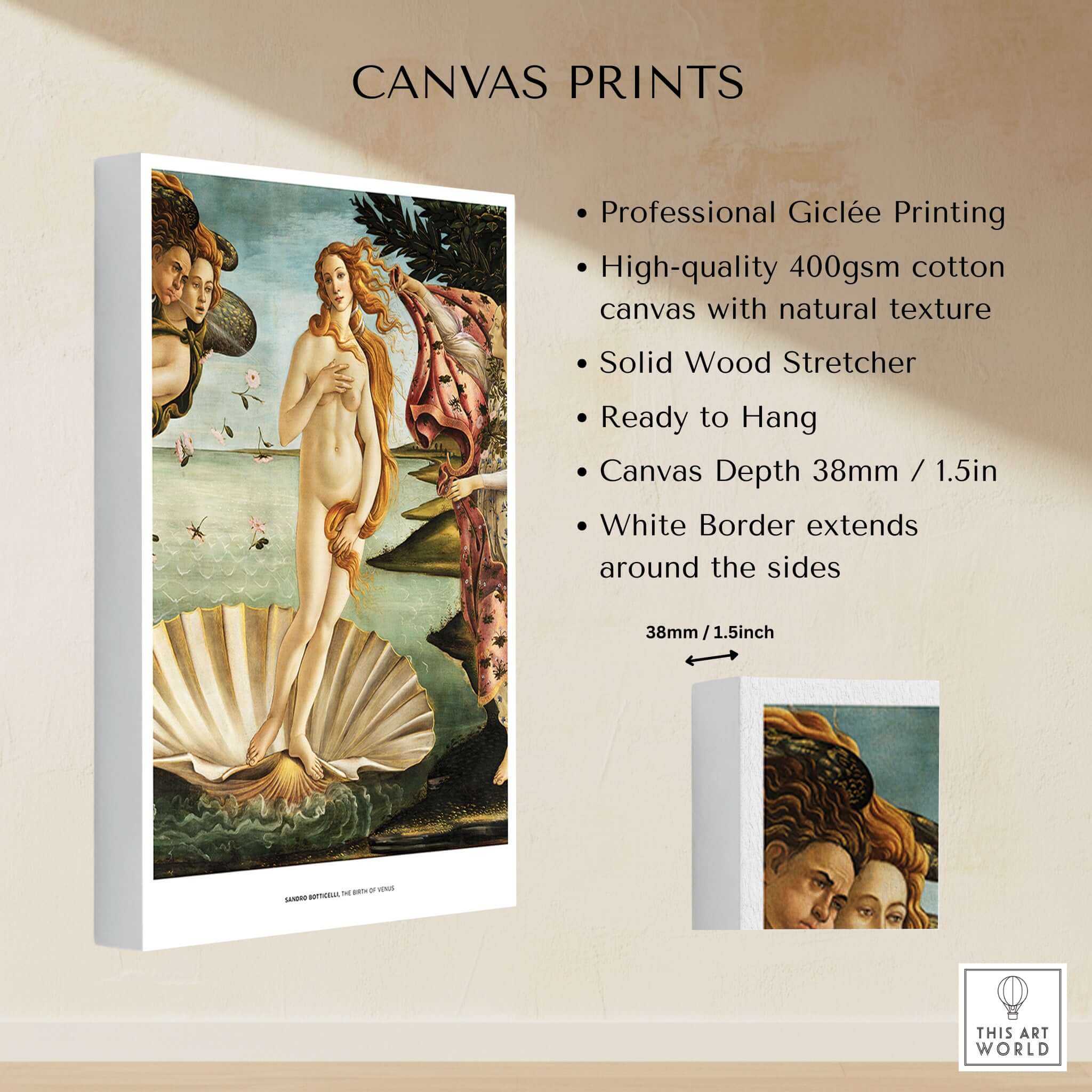 The Birth of Venus Art Print Sandro Botticelli Mythology Poster displayed on high-quality canvas print with details.
