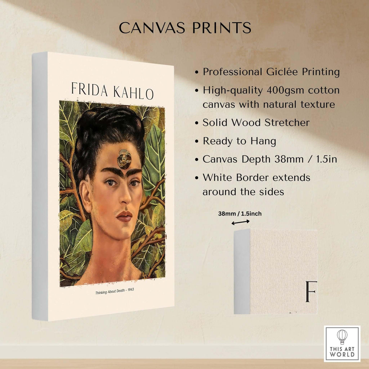 Frida Kahlo Thinking About Death Self Portrait Wall Art Print Poster showcasing canvas print details.