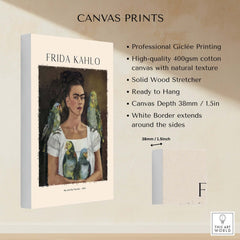 Frida Kahlo Me and My Parrots Self Portrait Art Print Poster Wall Art on high-quality canvas print.