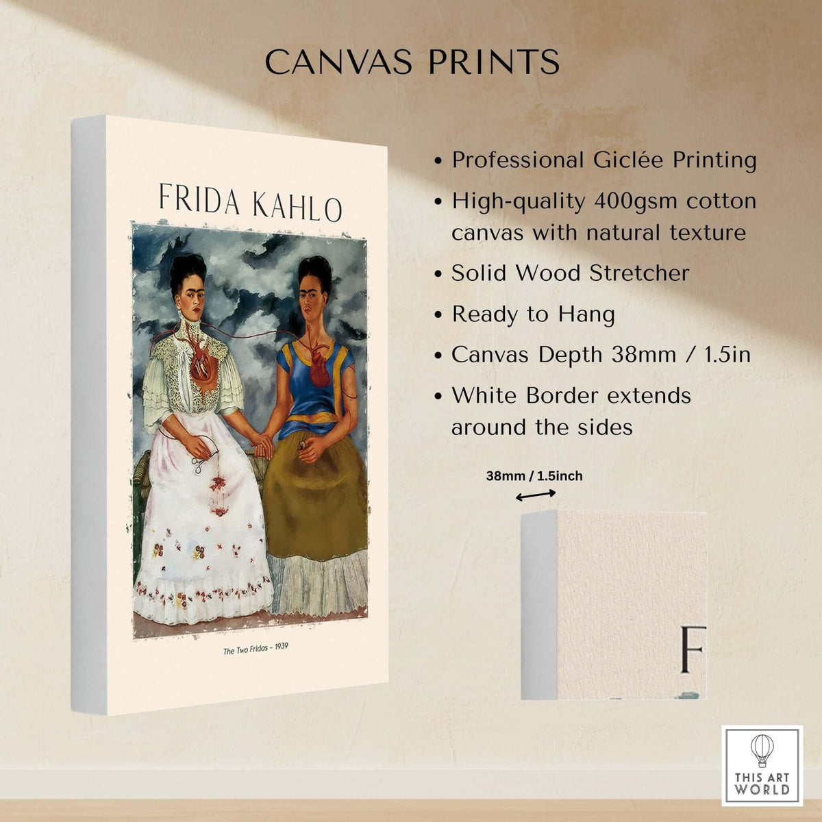 Frida Kahlo The Two Fridas Famous Art Print Poster Wall Art showcased on a canvas print with professional quality.