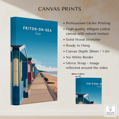 Frinton-on-Sea Travel Poster – Essex Coastline Beach Huts & Prom Art Canvas Print showcasing colorful beach huts.
