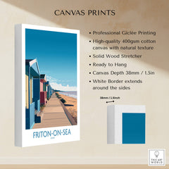 Frinton-on-Sea England Wall Art – Colorful Seaside Beach Hut Decor Print showcasing high-quality Giclée canvas and vibrant beach huts.