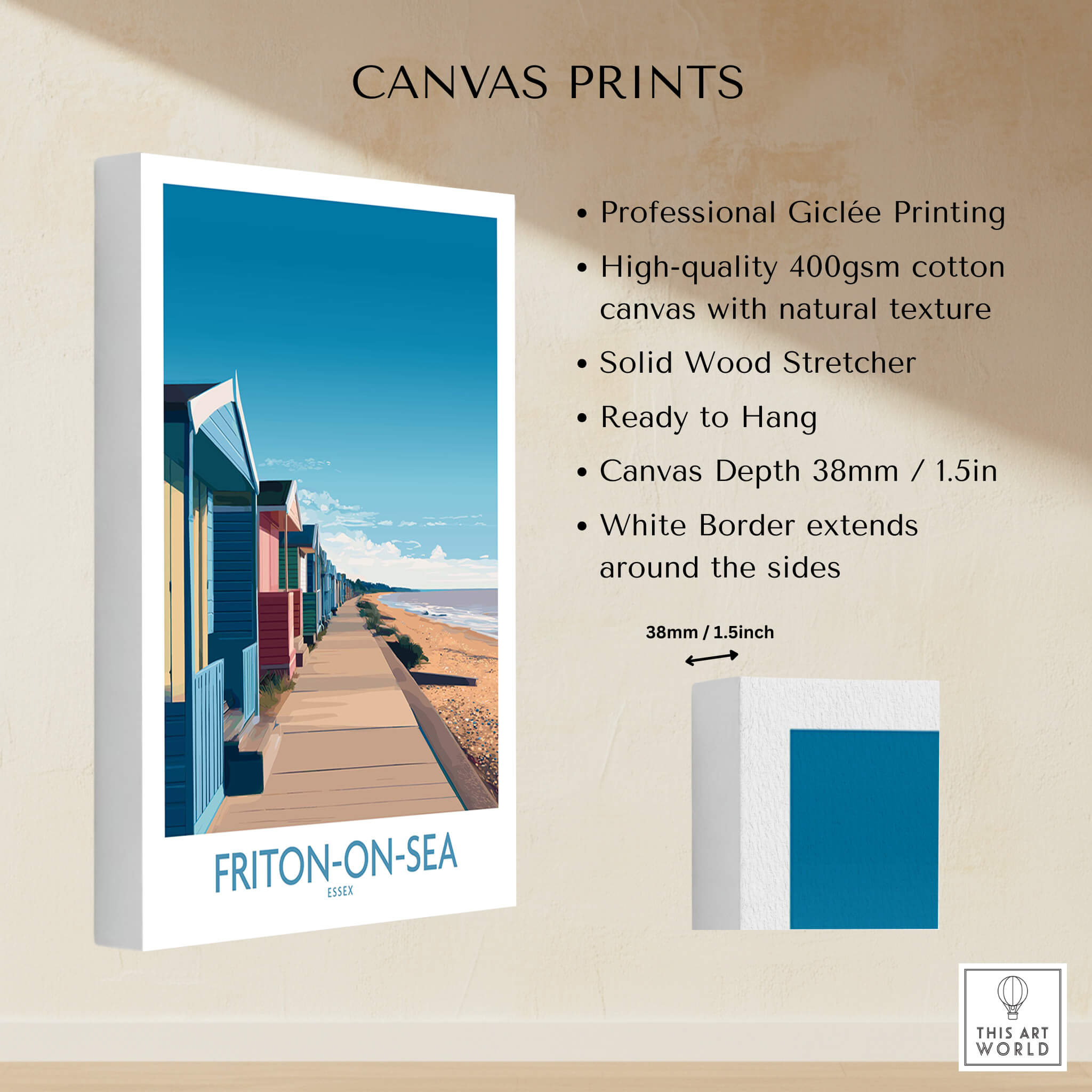 Frinton-on-Sea England Wall Art – Colorful Seaside Beach Hut Decor Print showcasing high-quality Giclée canvas and vibrant beach huts.