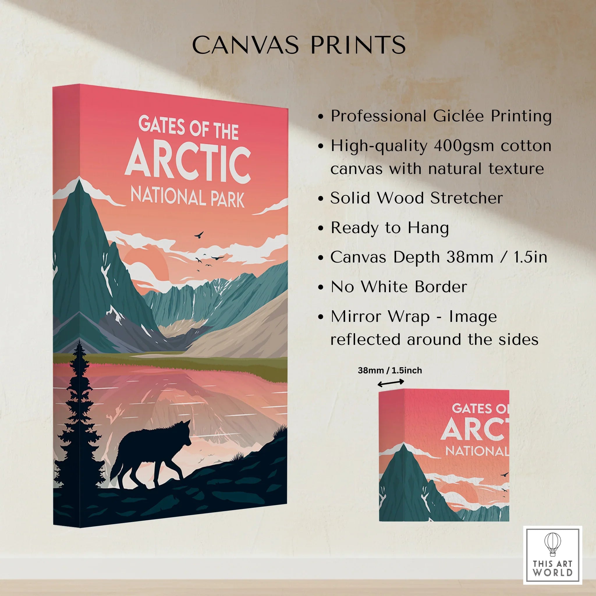 Gates of the Arctic National Park canvas print with sunset mountains, lake, and wolf silhouette