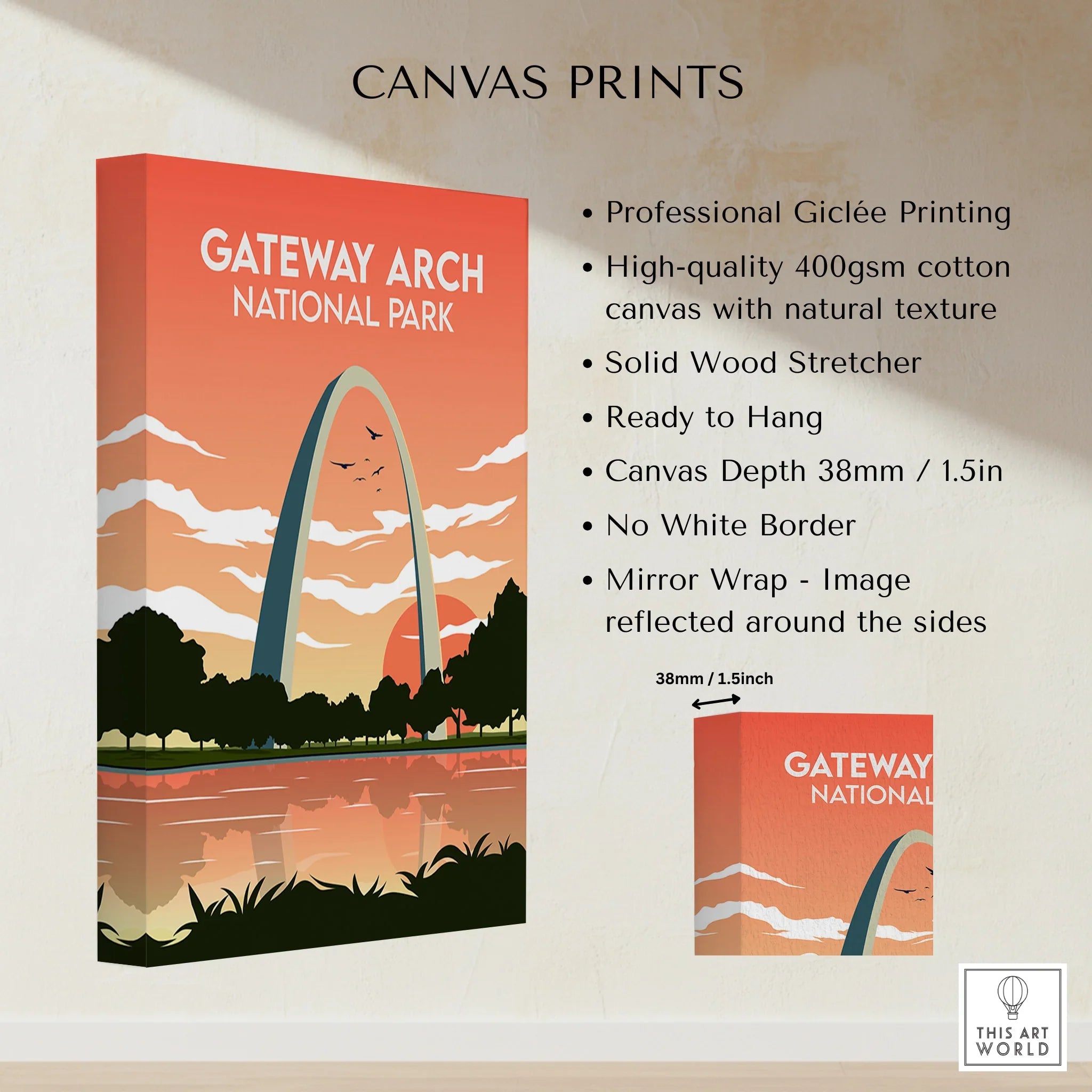 Gateway Arch National Park canvas print with sunset skyline, lake reflection, and silhouetted trees.