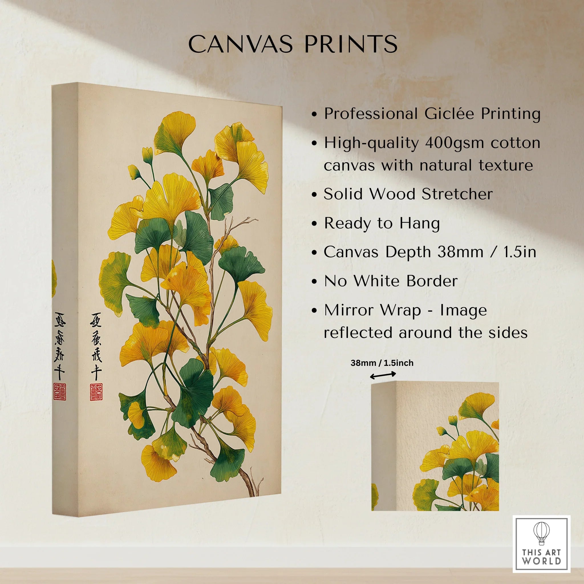 Close-up of ginkgo leaf botanical art on cotton canvas print with mirror wrap edges