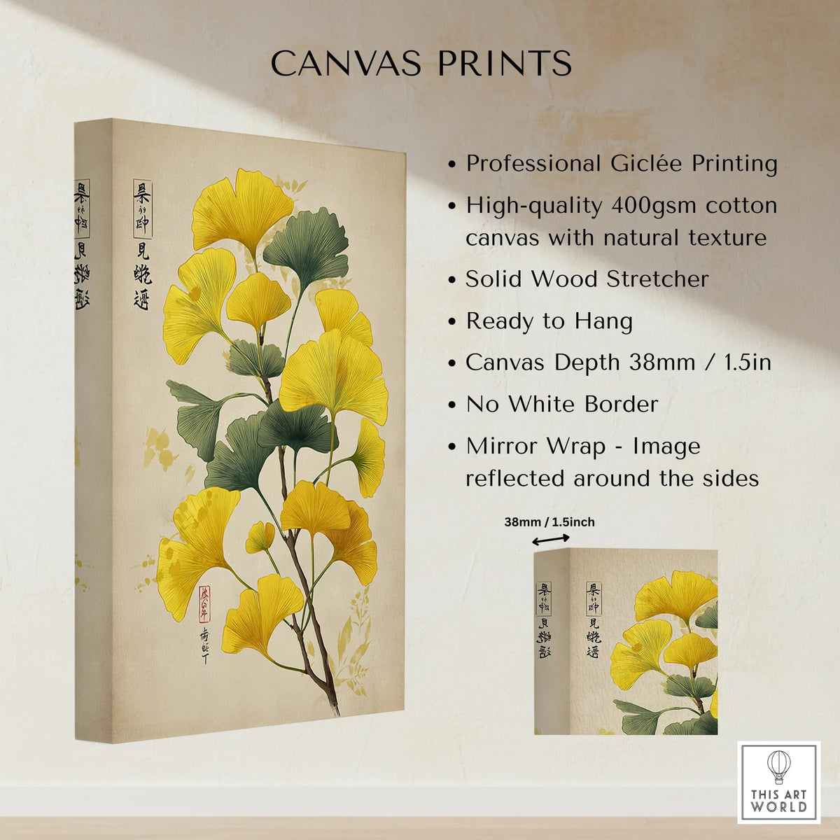 Stretched cotton canvas wall art with yellow ginkgo leaves and mirror wrap edge detail