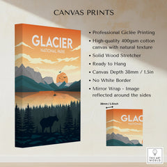 Glacier National Park canvas print with sunset, mountains, forest, and silhouette of moose.