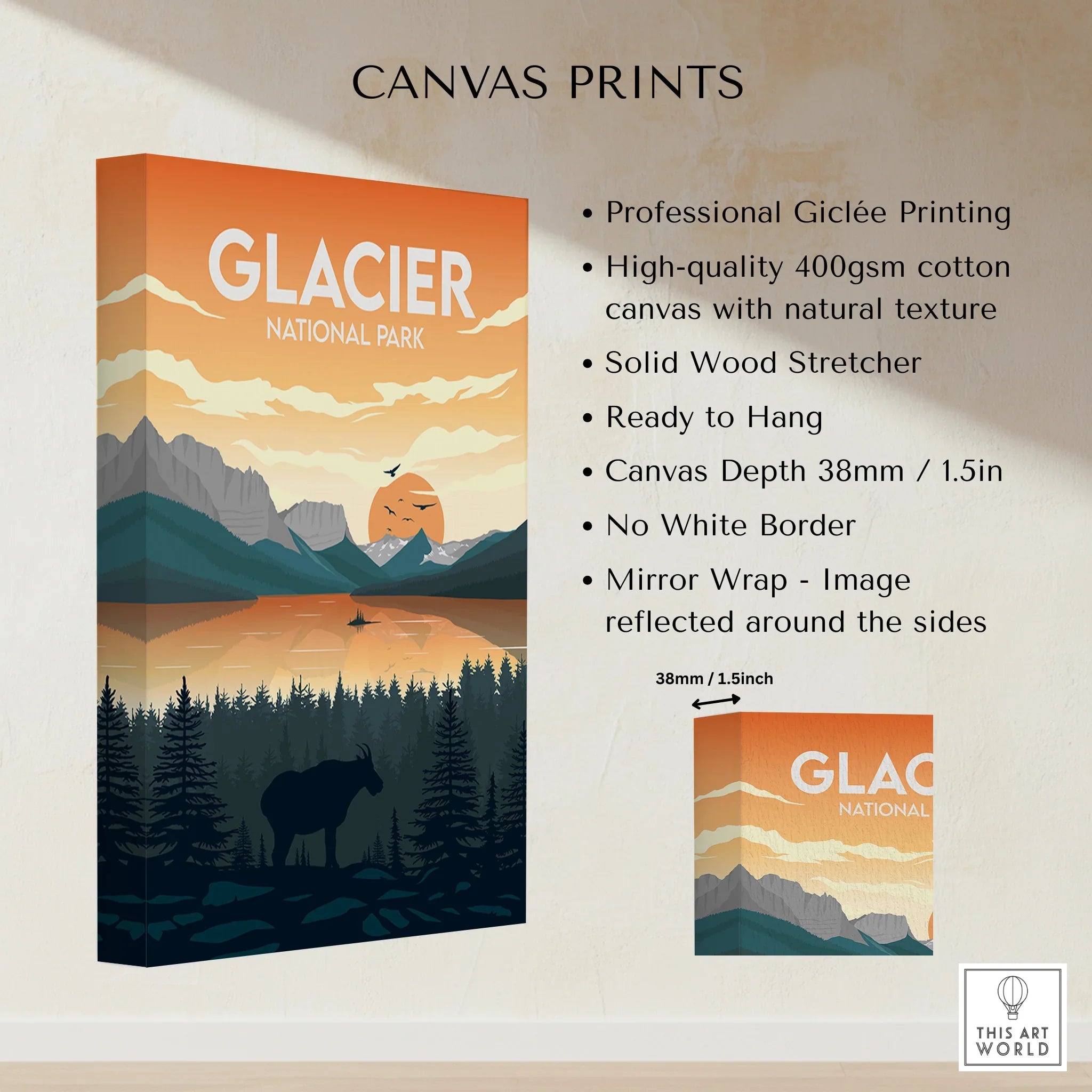 Glacier National Park canvas print with sunset, mountains, forest, and silhouette of moose.