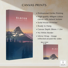 Glacier National Park canvas print with sunset mountains and mirror wrap details emphasized