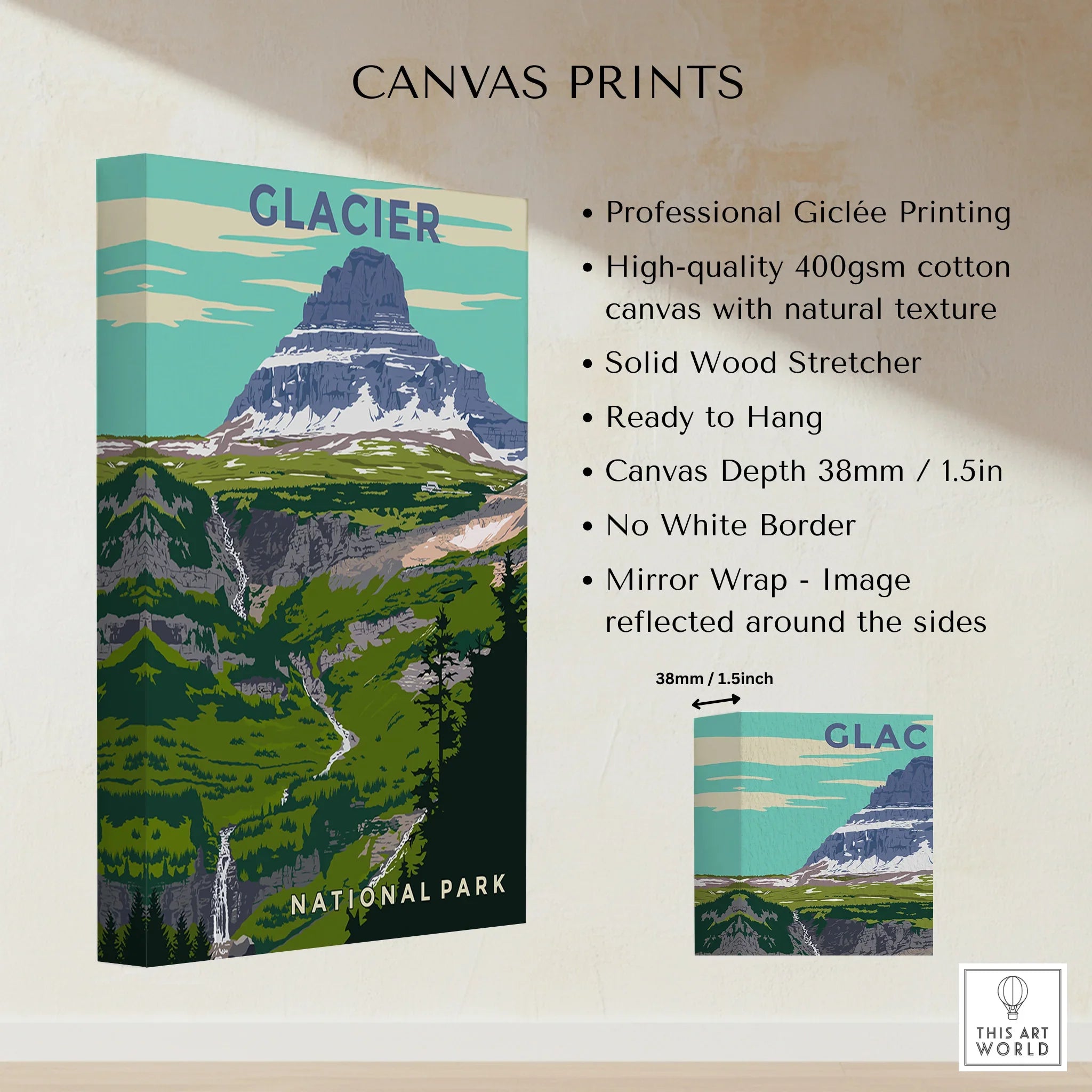 Glacier National Park canvas print wall art with mountain and forest landscape.