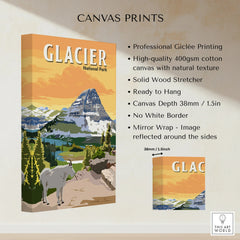 Glacier National Park canvas print with mountain scene, goat, and canvas details