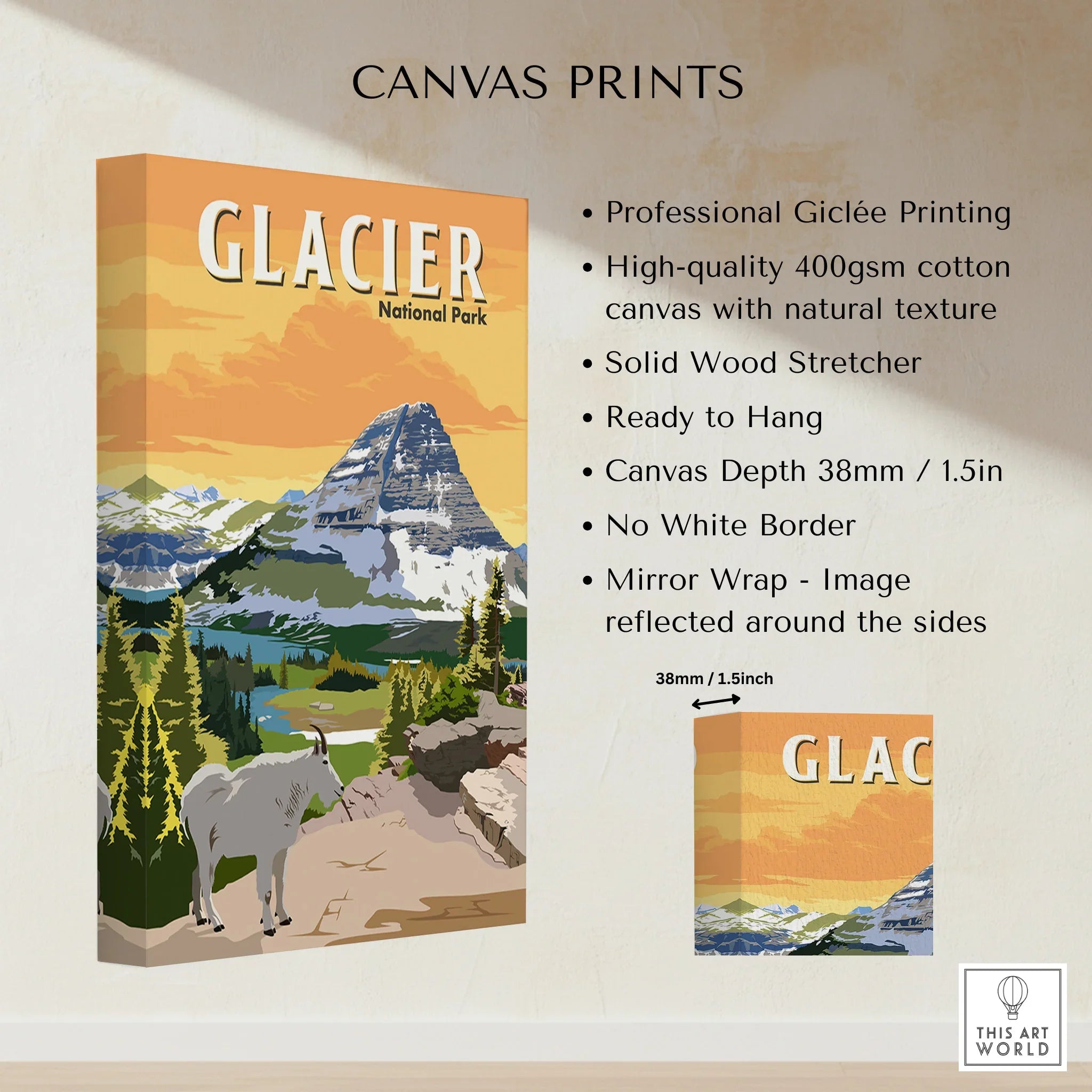 Glacier National Park canvas print with mountain scene, goat, and canvas details