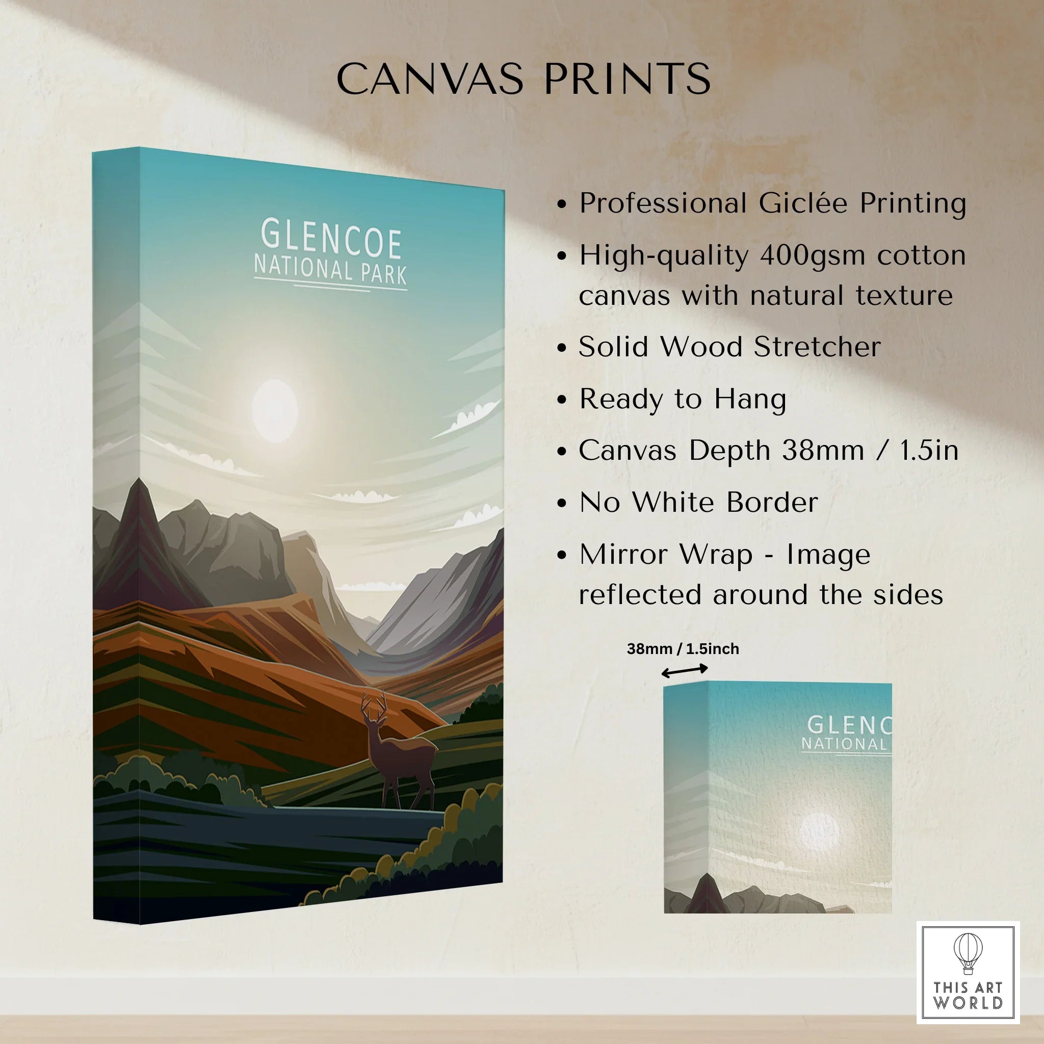 Glencoe National Park canvas print with sunrise, mountains, and stag in a scenic landscape.