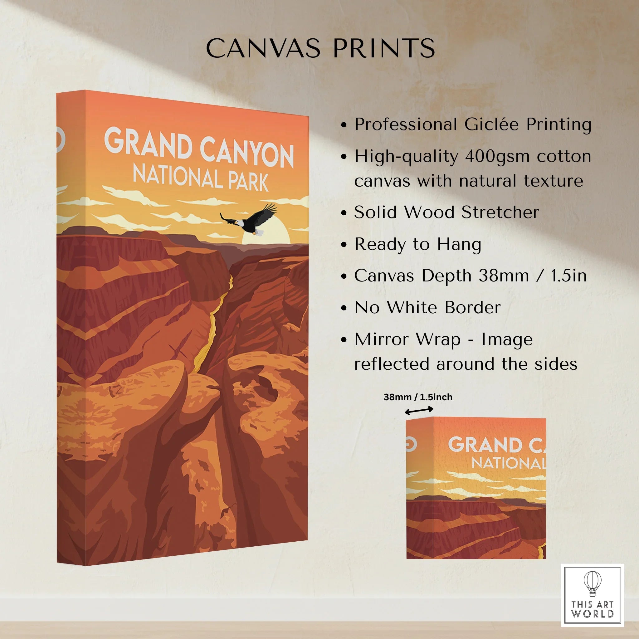 Grand Canyon National Park canvas print wall art, sunset landscape, cotton canvas details