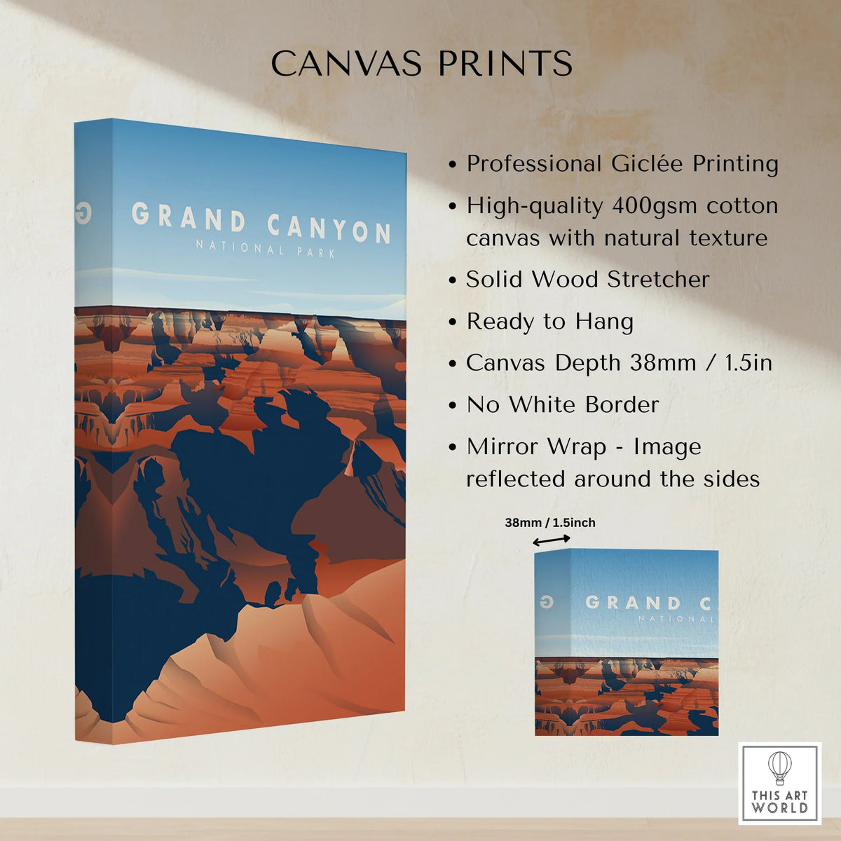 Grand Canyon National Park canvas print with bold landscape art and product details