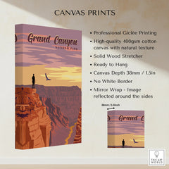 Grand Canyon National Park canvas art print with sunset sky, silhouette figure, and bird.