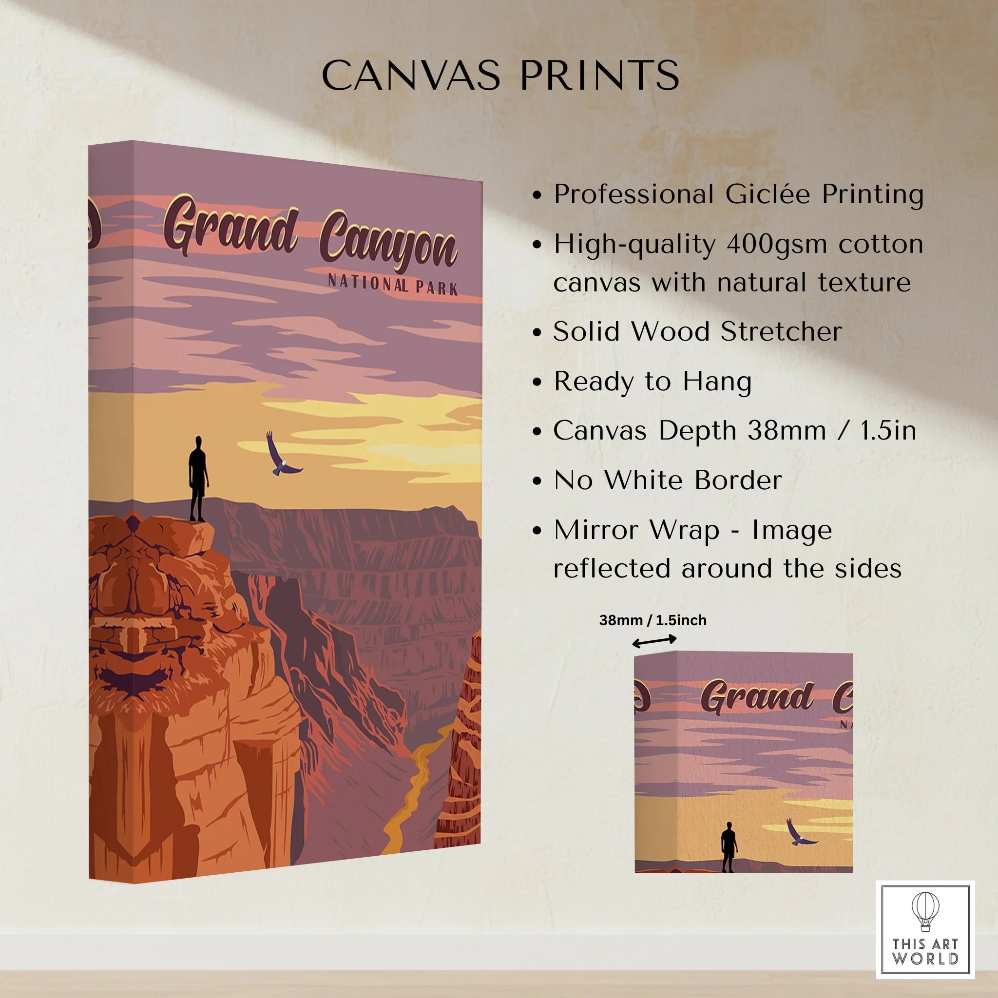 Grand Canyon National Park canvas art print with sunset sky, silhouette figure, and bird.