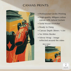 Vintage race car canvas wall art, stretched cotton canvas, with professional giclée printing.