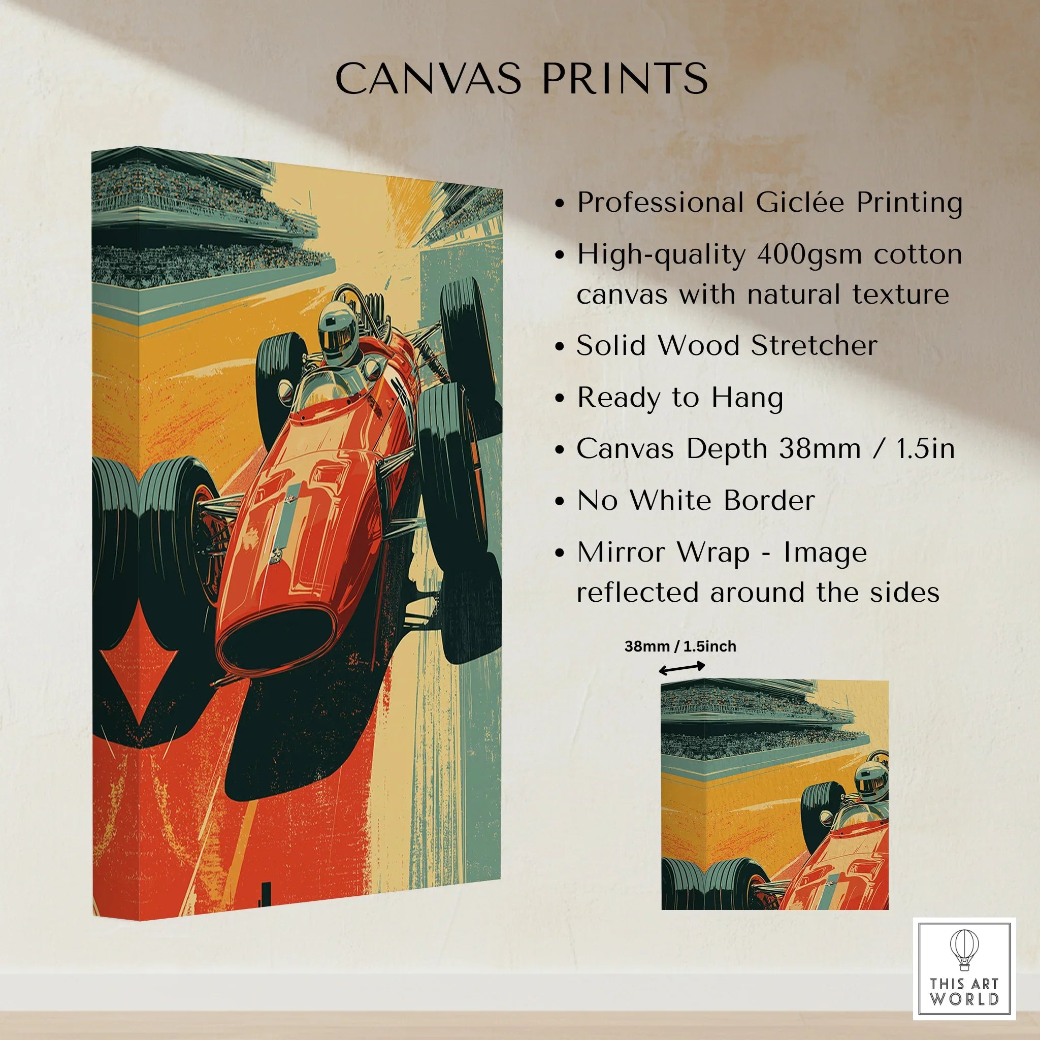 Vintage race car canvas wall art, stretched cotton canvas, with professional giclée printing.
