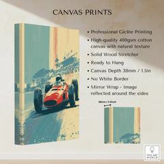 Vintage race car wall art on stretched cotton canvas, gallery wrap, ready to hang