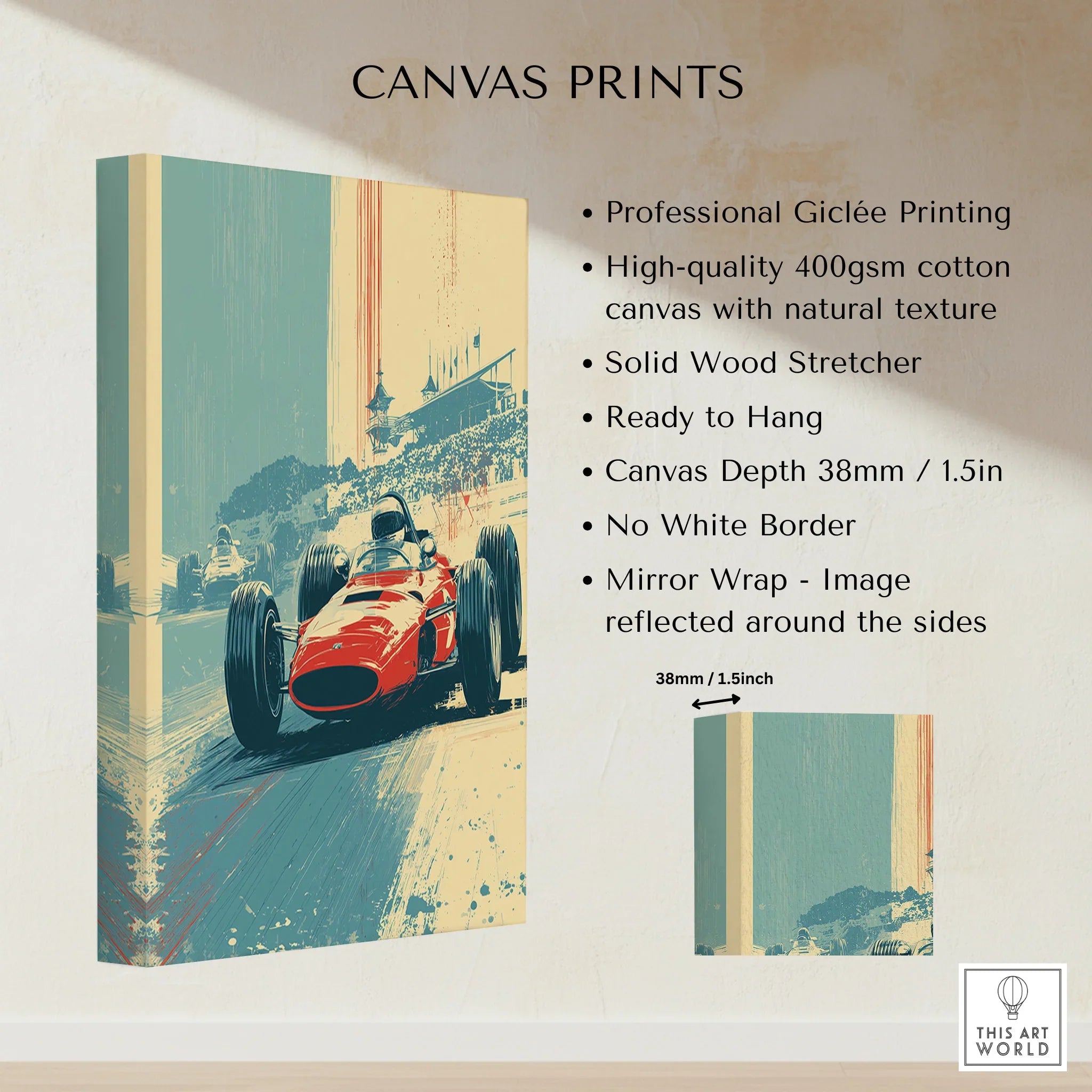 Vintage race car wall art on stretched cotton canvas, gallery wrap, ready to hang