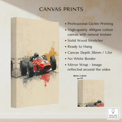 Stretched canvas print featuring a vintage red race car, 38mm depth, cotton texture details.