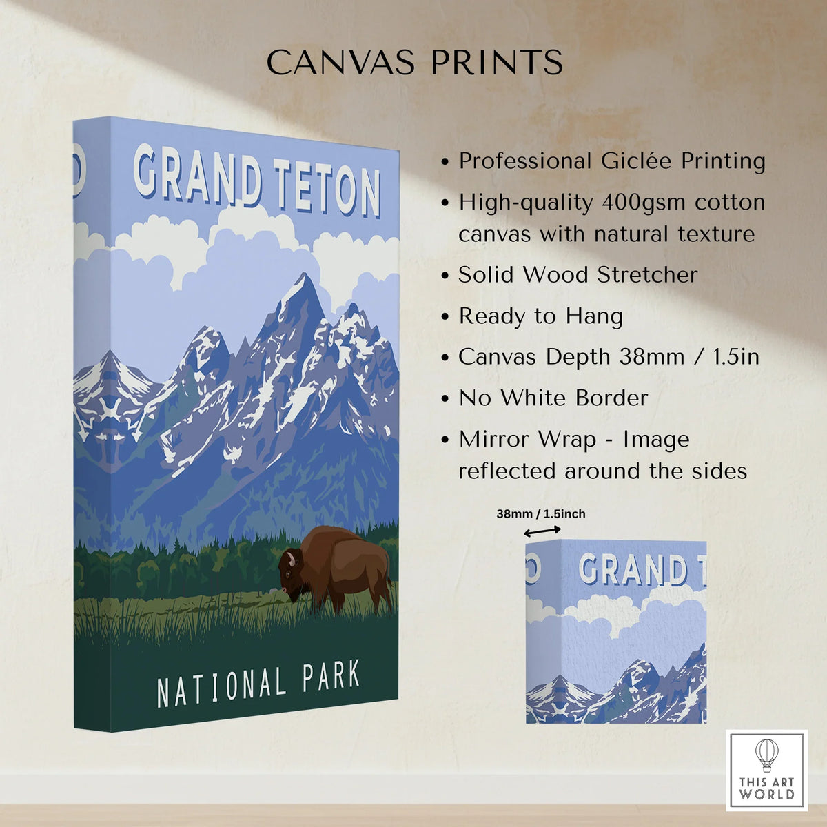 Grand Teton National Park canvas print with mountain landscape and bison, wall art features.