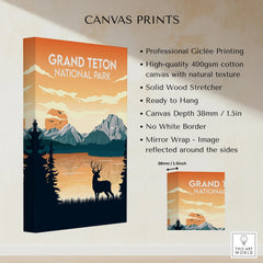 Grand Teton National Park canvas wall art with deer silhouette, mountain sunset, and product features.