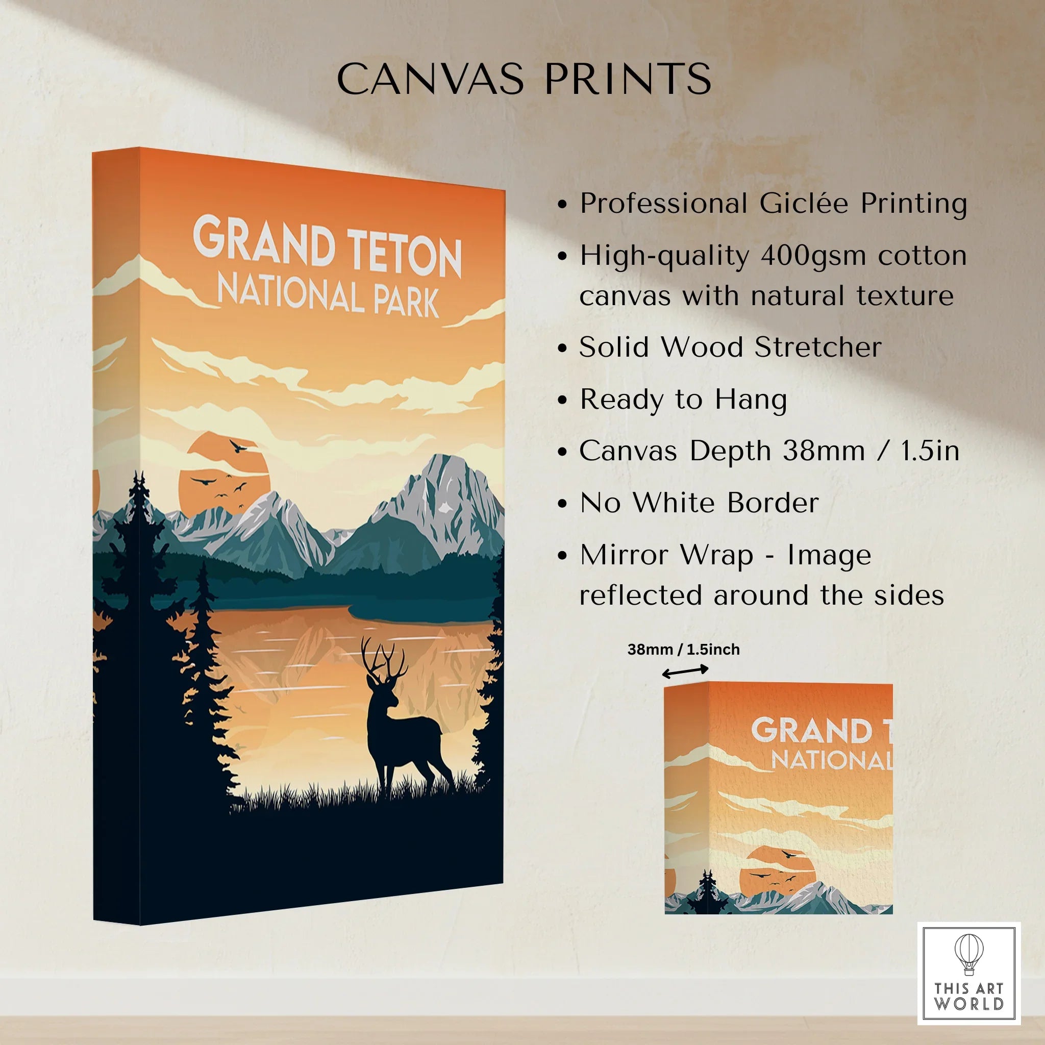 Grand Teton National Park canvas wall art with deer silhouette, mountain sunset, and product features.