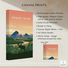 Grand Teton National Park canvas print with moose silhouette, mountains and river, gallery wrapped.