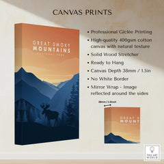 Stretched canvas print of Great Smoky Mountains at sunset, moose silhouette, wall art details