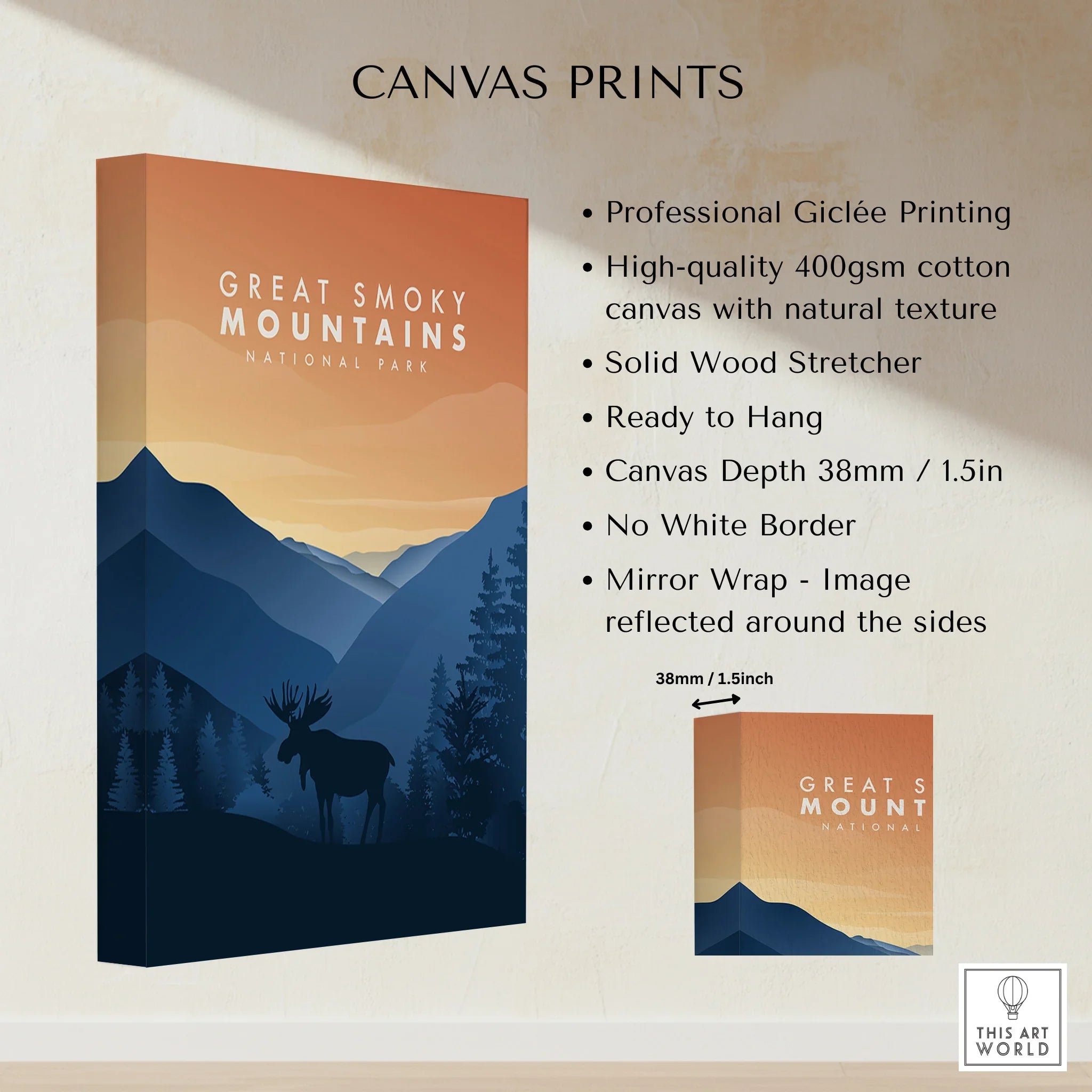 Stretched canvas print of Great Smoky Mountains at sunset, moose silhouette, wall art details