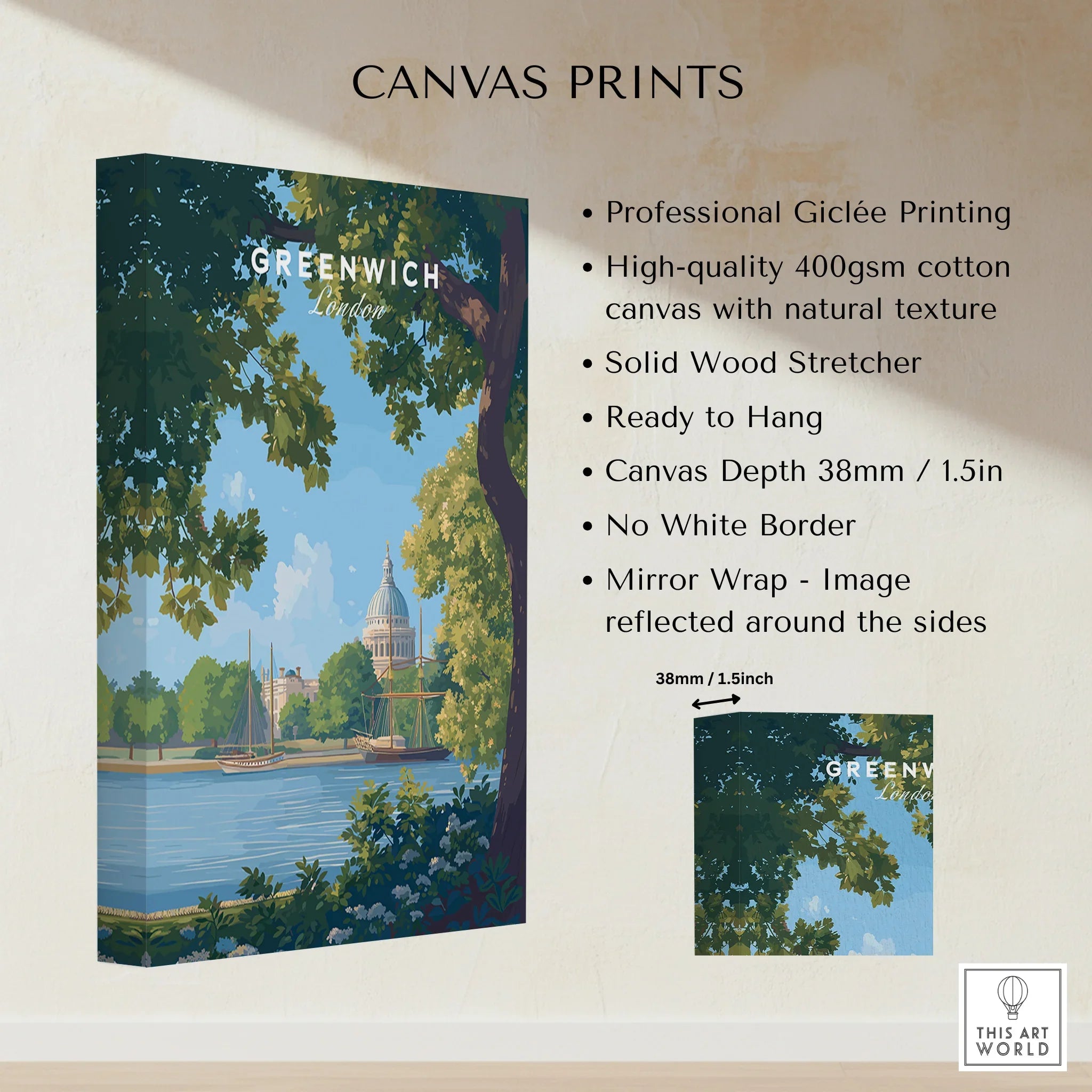 Greenwich London canvas print with river, sailboats, and trees, 400gsm cotton wall art